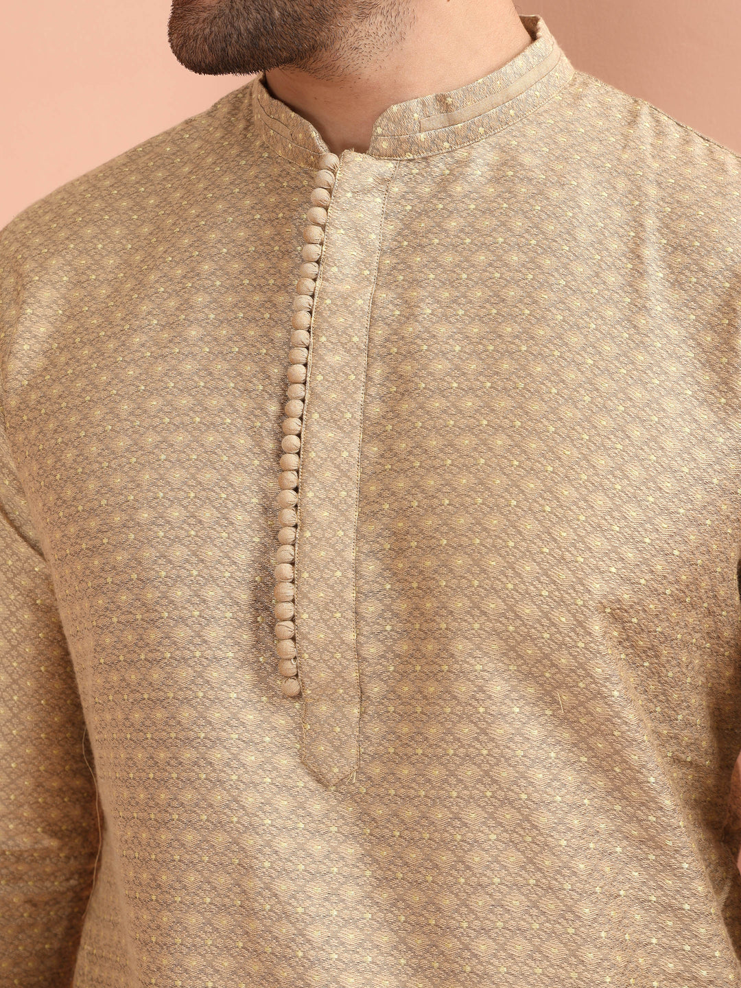 Beige Silk Blend Textured Kurta Cream Churidar |SHOBITAM