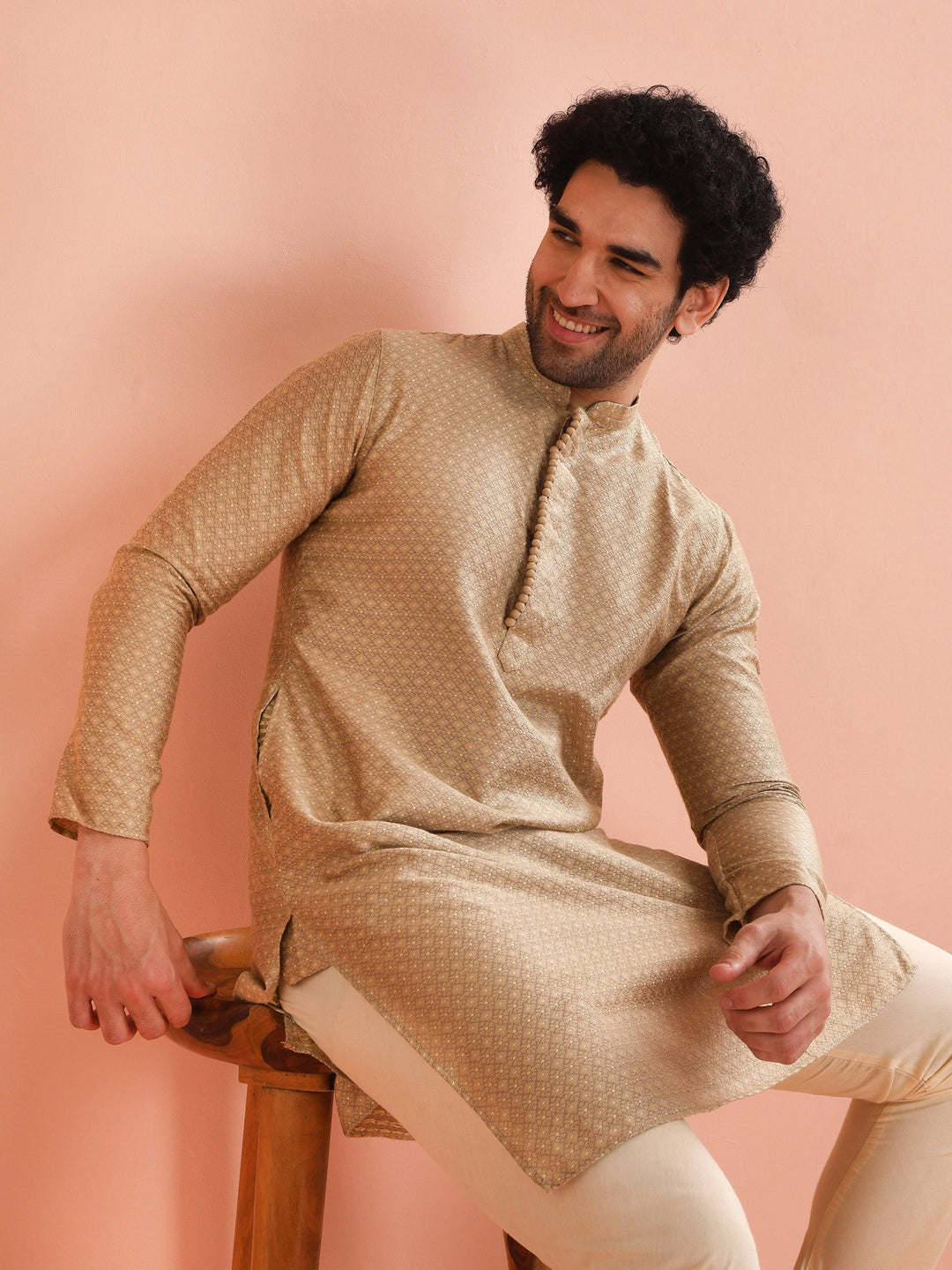 Beige Silk Blend Textured Kurta Cream Churidar | SHOBITAM