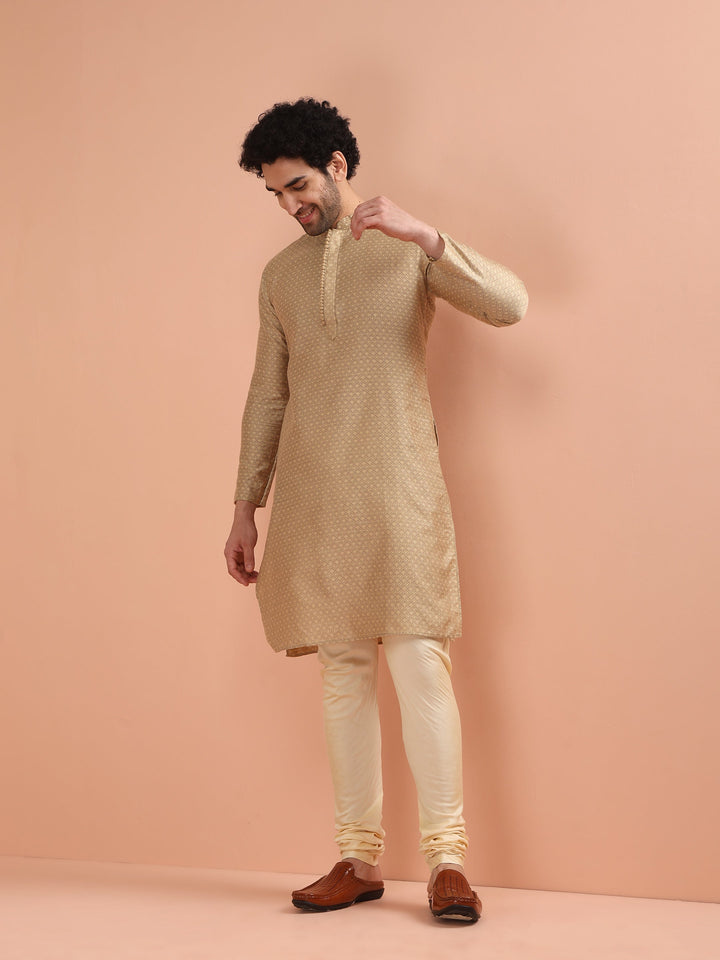 Beige Silk Blend Textured Long Kurta  | SHOBITAM