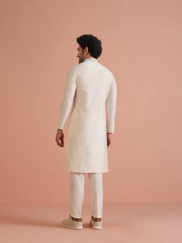Cream Solid Kurta with Embroidered Collar & Trouser | SHOBITAM