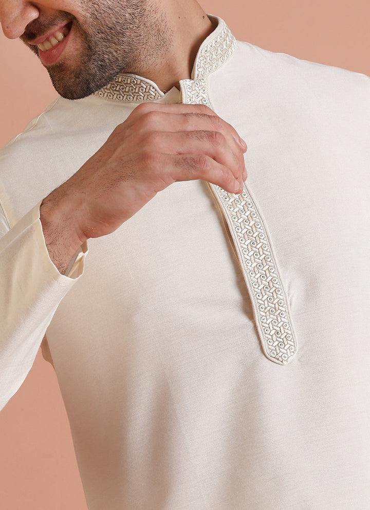 Cream Solid Kurta with Embroidered Collar & Trouser | SHOBITAM