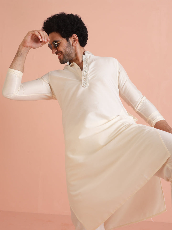 Cream Solid Kurta with Embroidered Collar & Trouser | SHOBITAM