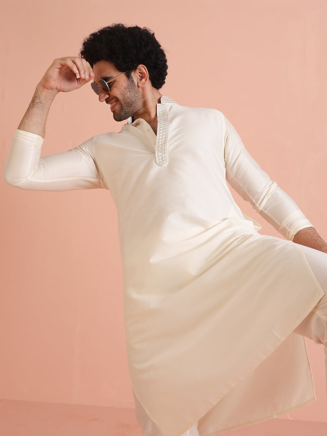 Cream Embroidered Kurta  | SHOBITAM