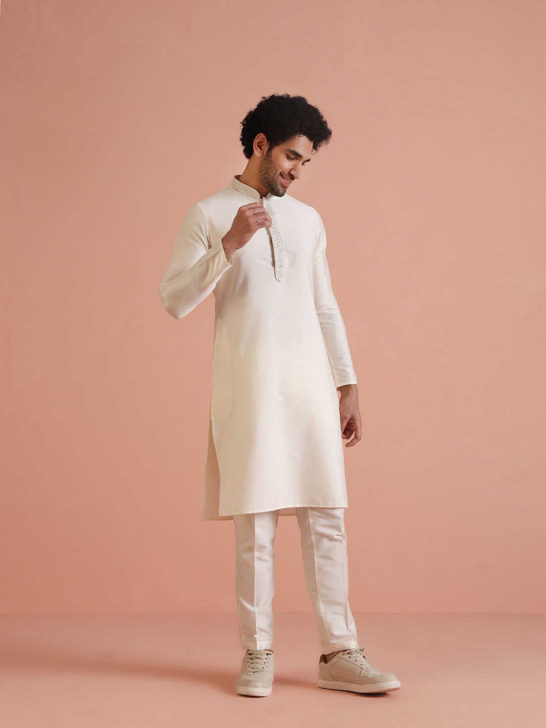 Cream Solid Kurta with Embroidered Collar & Trouser | SHOBITAM