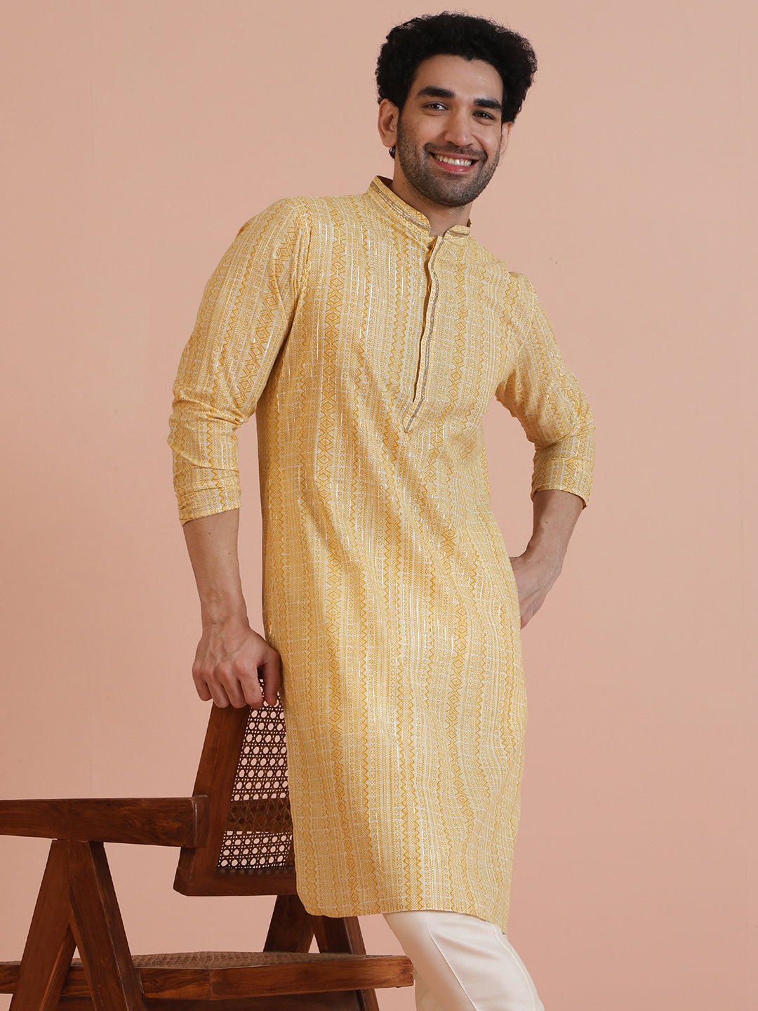 Yellow Cotton Silk Printed Long Kurta  | SHOBITAM