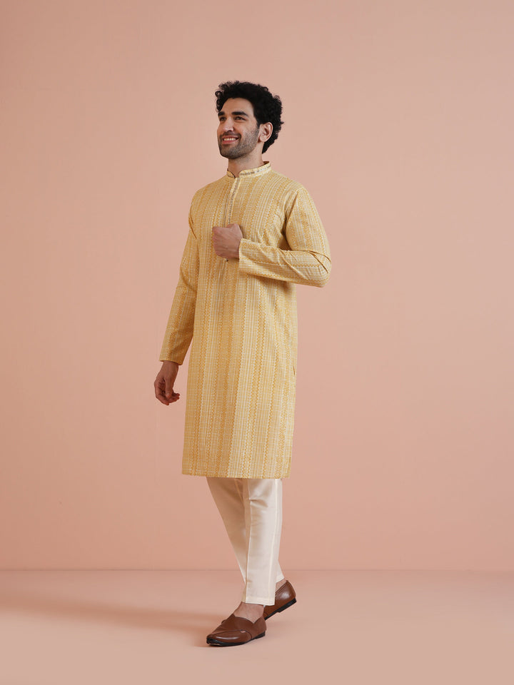 Yellow Cotton Silk Printed Long Kurta  | SHOBITAM