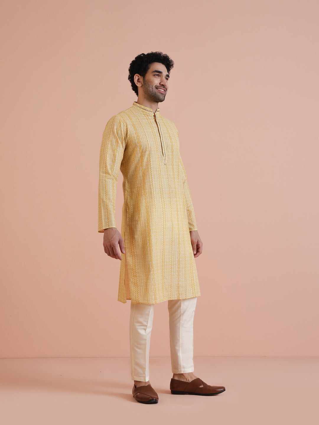 Yellow Cotton Silk Printed Long Kurta  | SHOBITAM