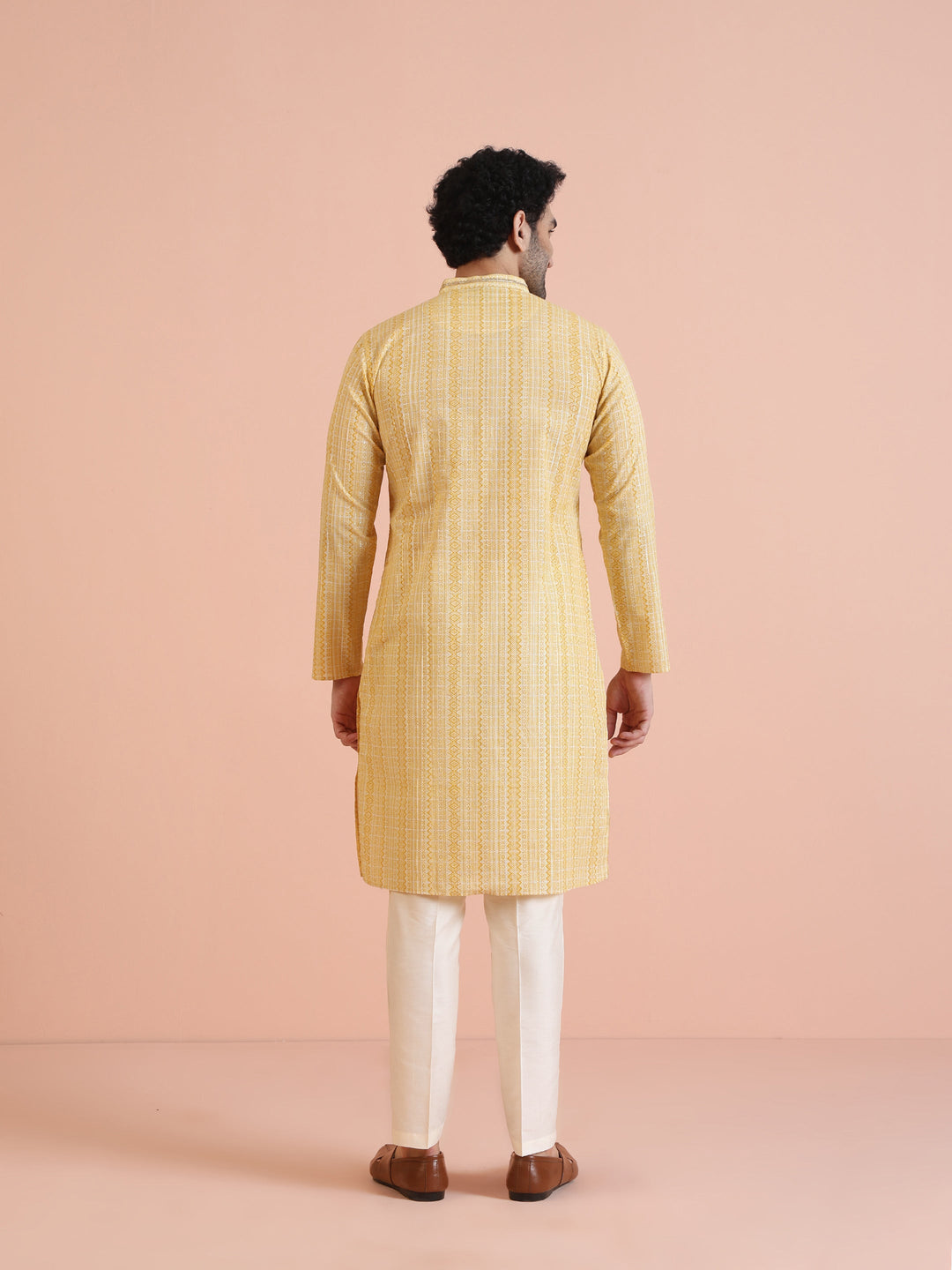 Yellow Cotton Silk Printed Long Kurta  | SHOBITAM