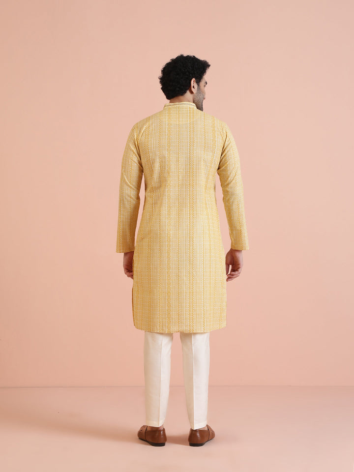 Yellow Cotton Silk Printed Long Kurta  | SHOBITAM