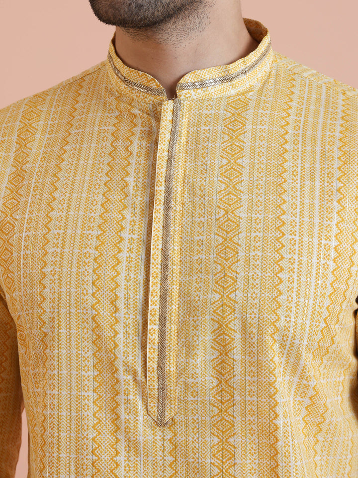 Yellow Cotton Silk Printed Long Kurta  | SHOBITAM