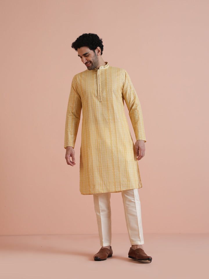 Yellow Cotton Silk Printed Long Kurta  | SHOBITAM