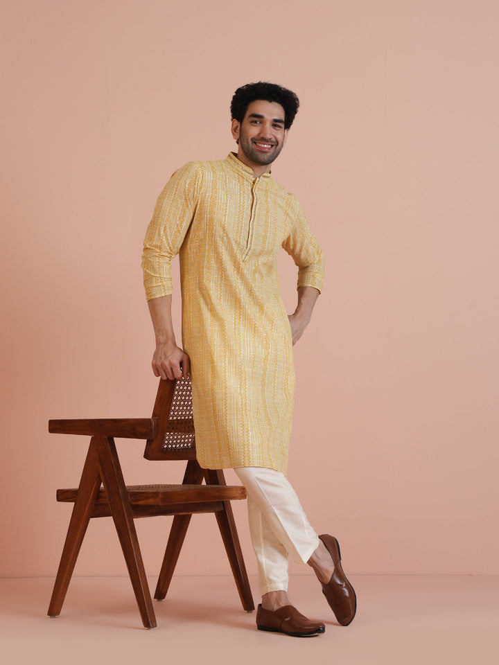 Yellow Cotton Silk Printed Long Kurta  | SHOBITAM