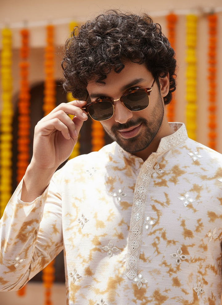 Beige Silk Blend Mirror Work Kurta  | SHOBITAM