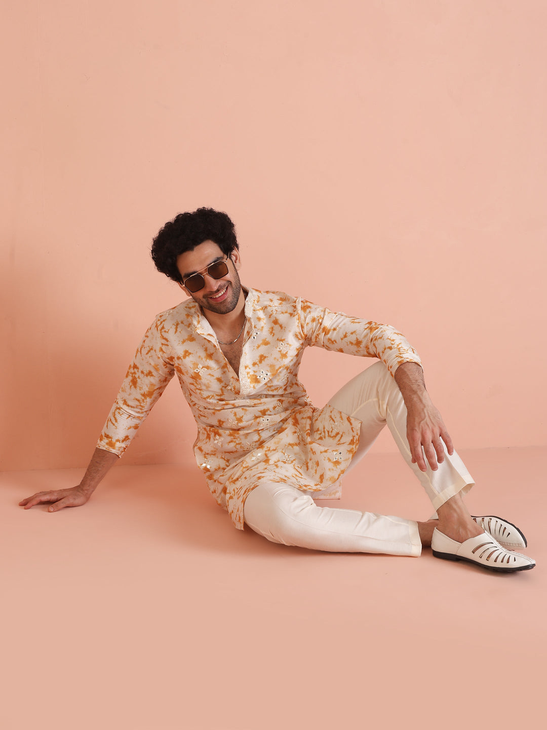 Beige Silk Blend Mirror Work Kurta  | SHOBITAM