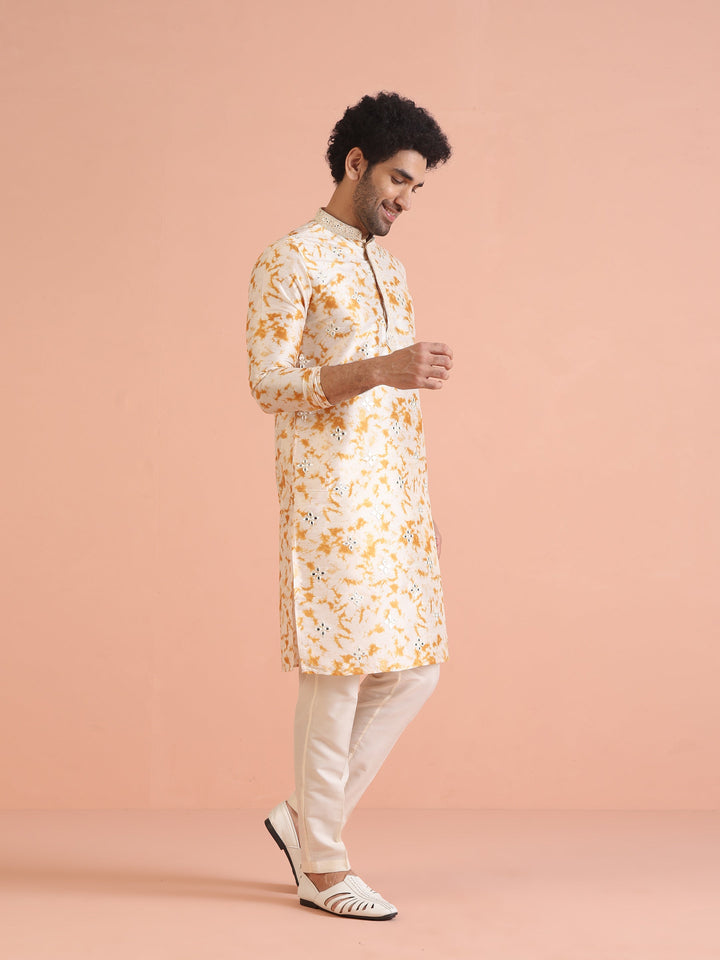 Beige Silk Blend Mirror Work Kurta  | SHOBITAM
