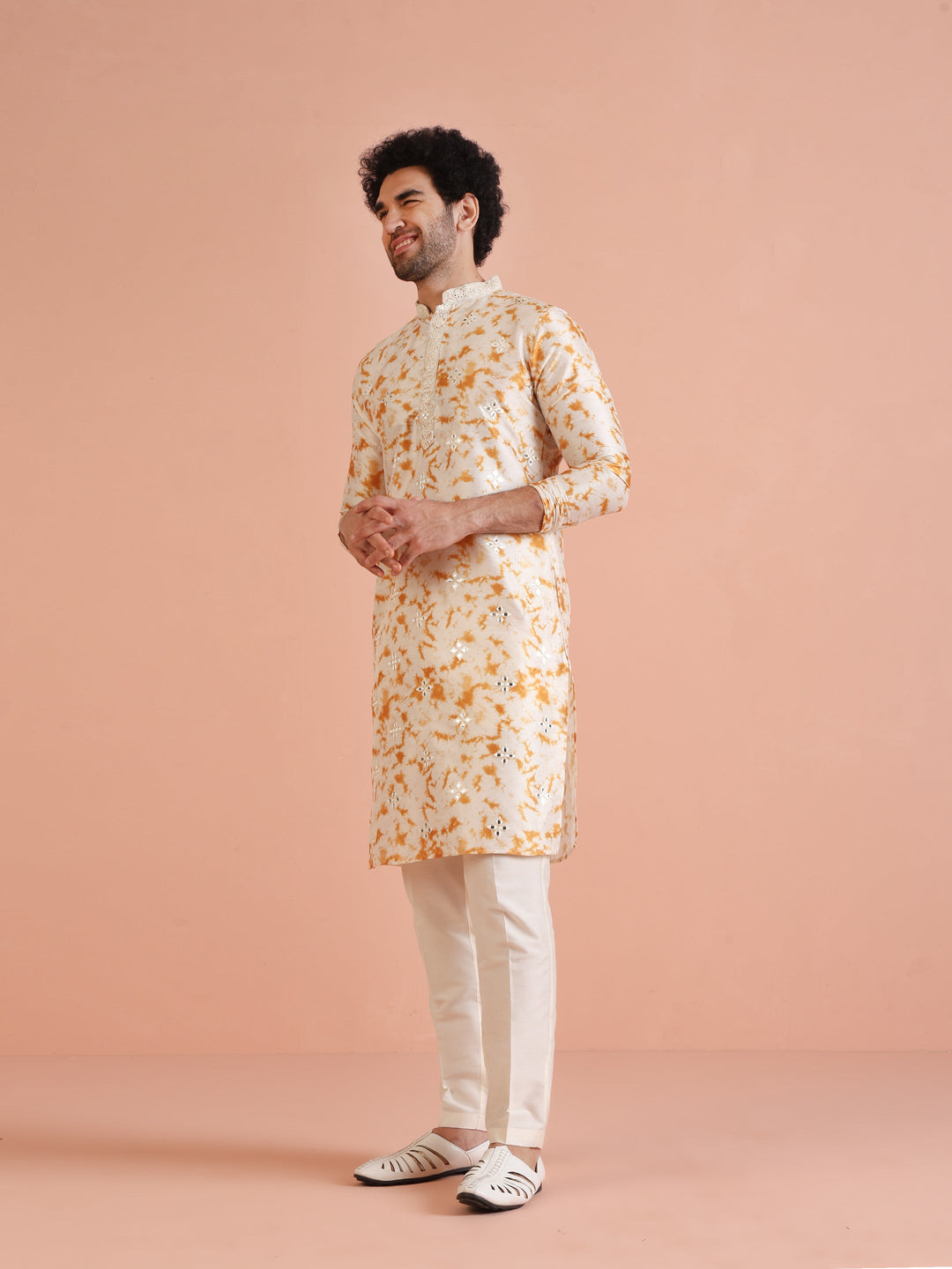 Beige Silk Blend Mirror Work Kurta  | SHOBITAM