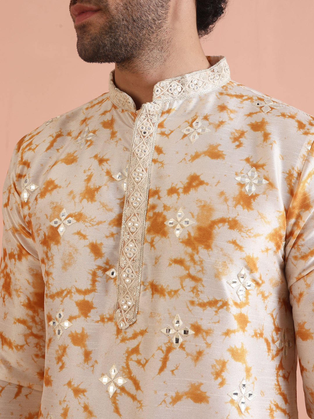 Beige Silk Blend Mirror Work Kurta  | SHOBITAM