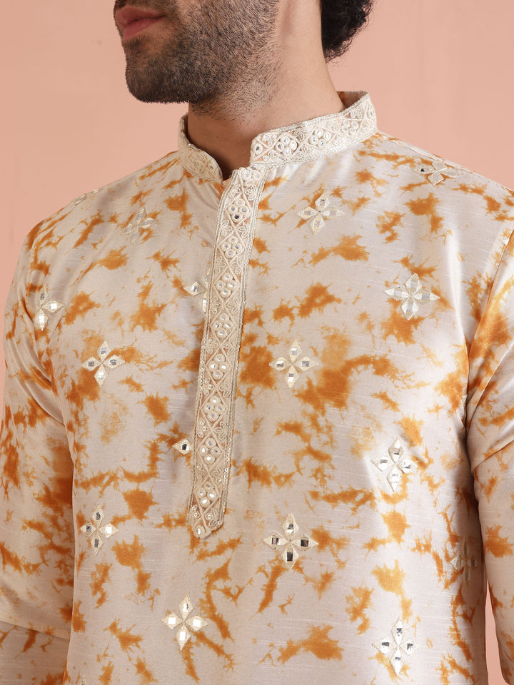Beige Silk Blend Mirror Work Kurta  | SHOBITAM