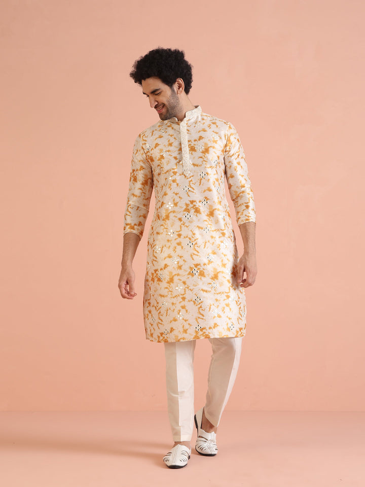 Beige Silk Blend Mirror Work Kurta  | SHOBITAM