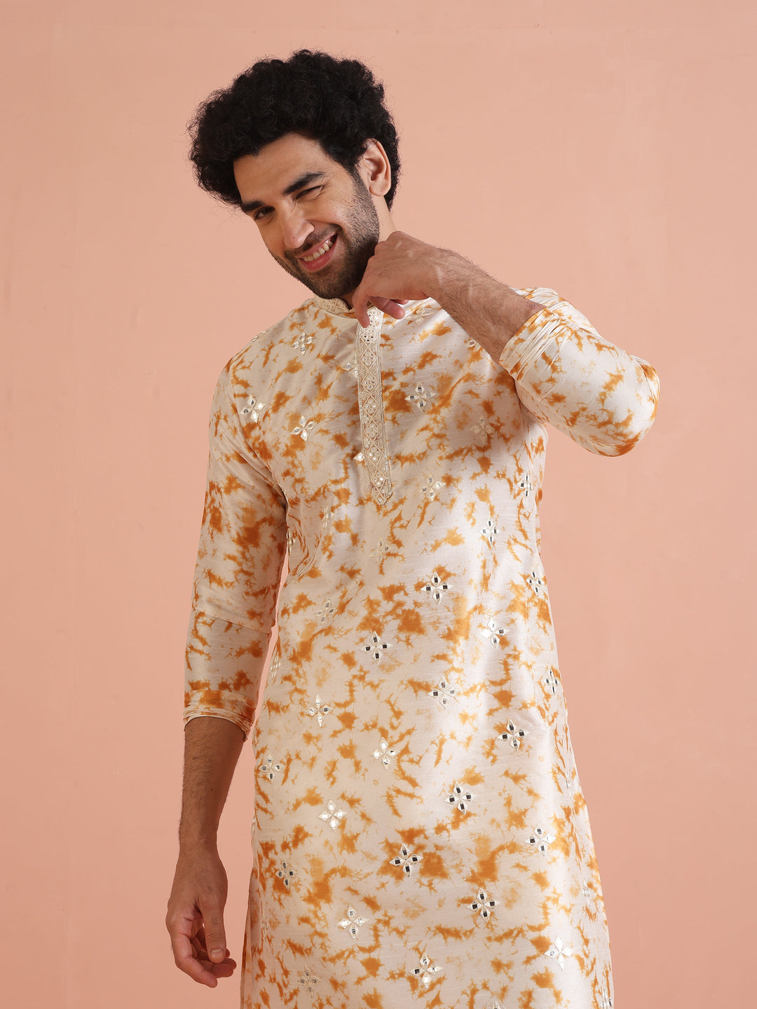 Beige Silk Blend Mirror Work Kurta  | SHOBITAM