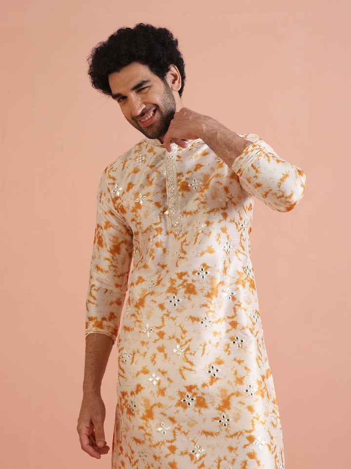 Beige Silk Blend Mirror Work Kurta  | SHOBITAM