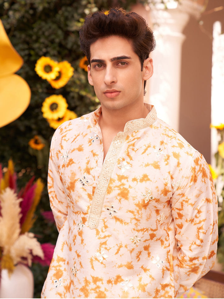 Beige Silk Blend Mirror Work Kurta  | SHOBITAM