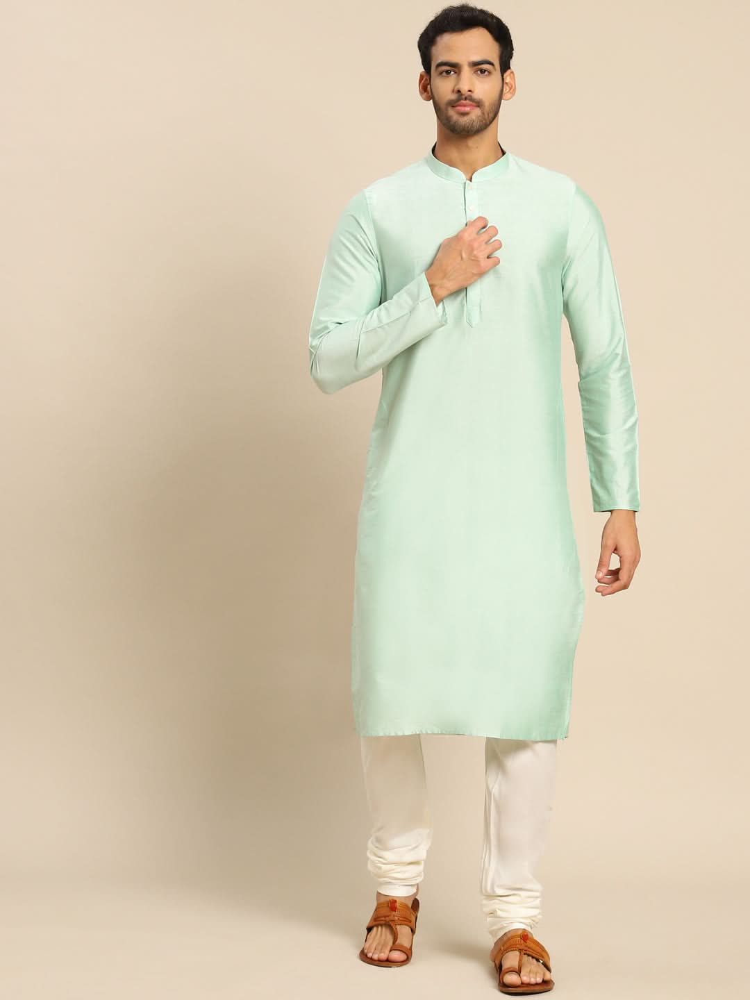 Mint Green Silk Blend Kurta Churidar Set | SHOBITAM
