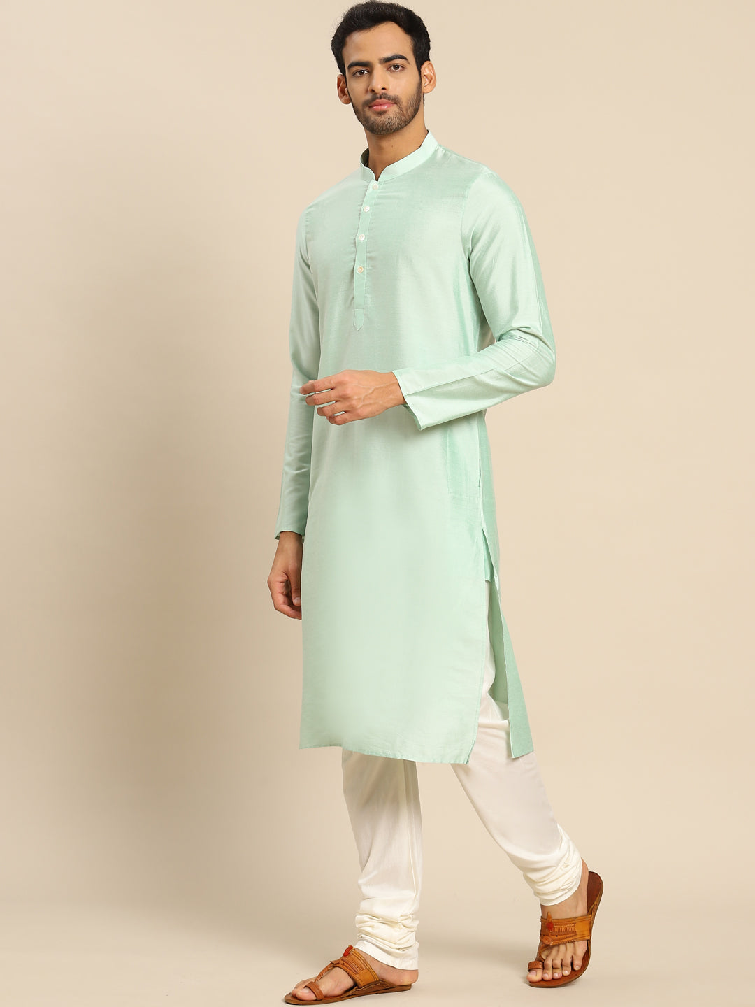 Mint Green Silk Blend Solid Long Kurta  | SHOBITAM