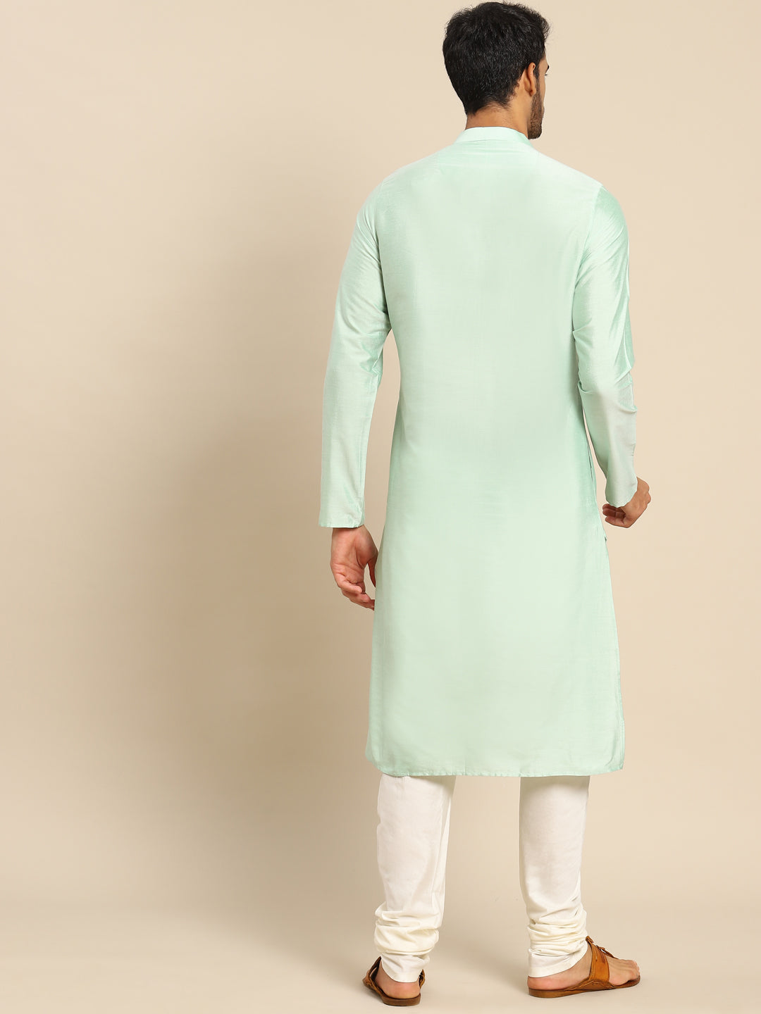 Mint Green Silk Blend Solid Long Kurta  | SHOBITAM