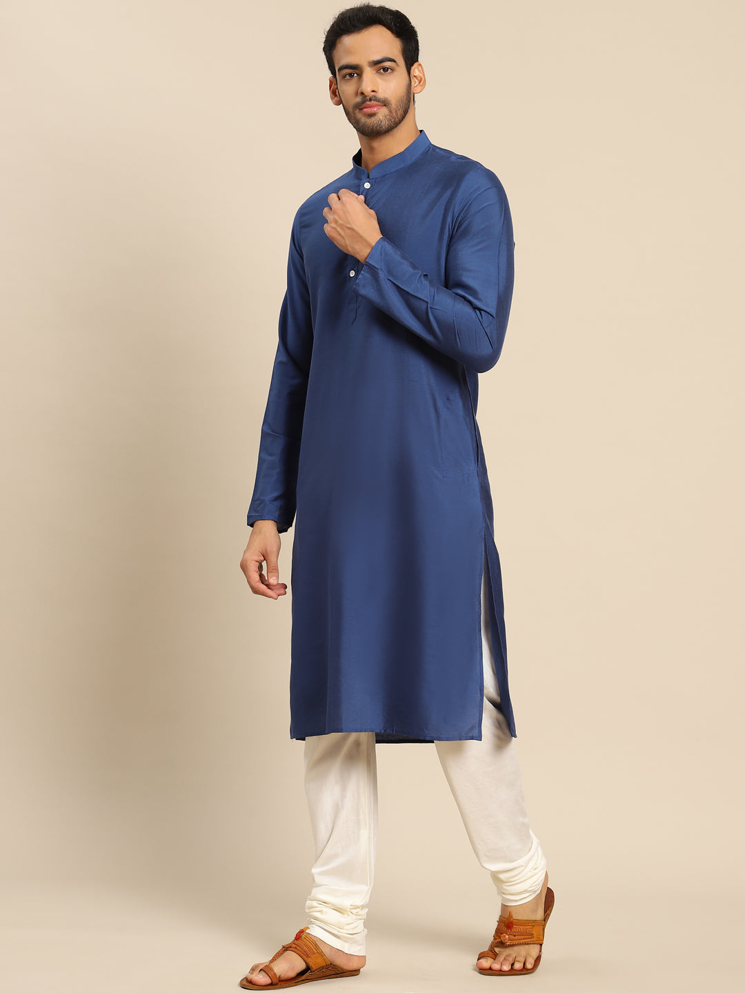Blue Blend Solid Kurta White Churidar | SHOBITAM