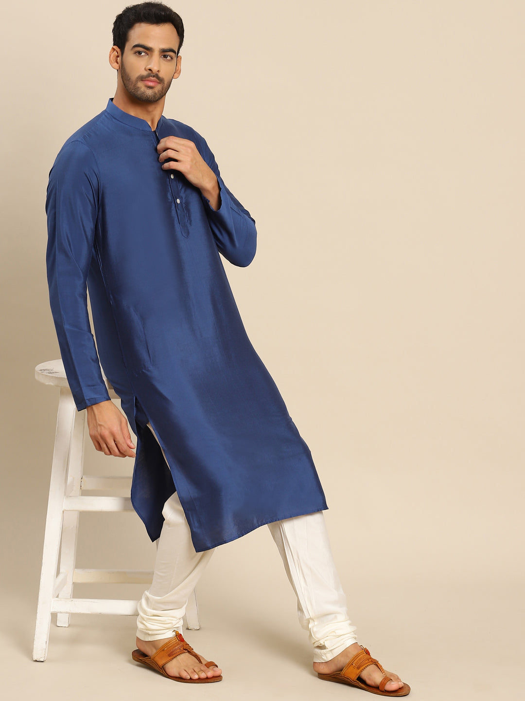Blue Blend Solid Kurta White Churidar | SHOBITAM