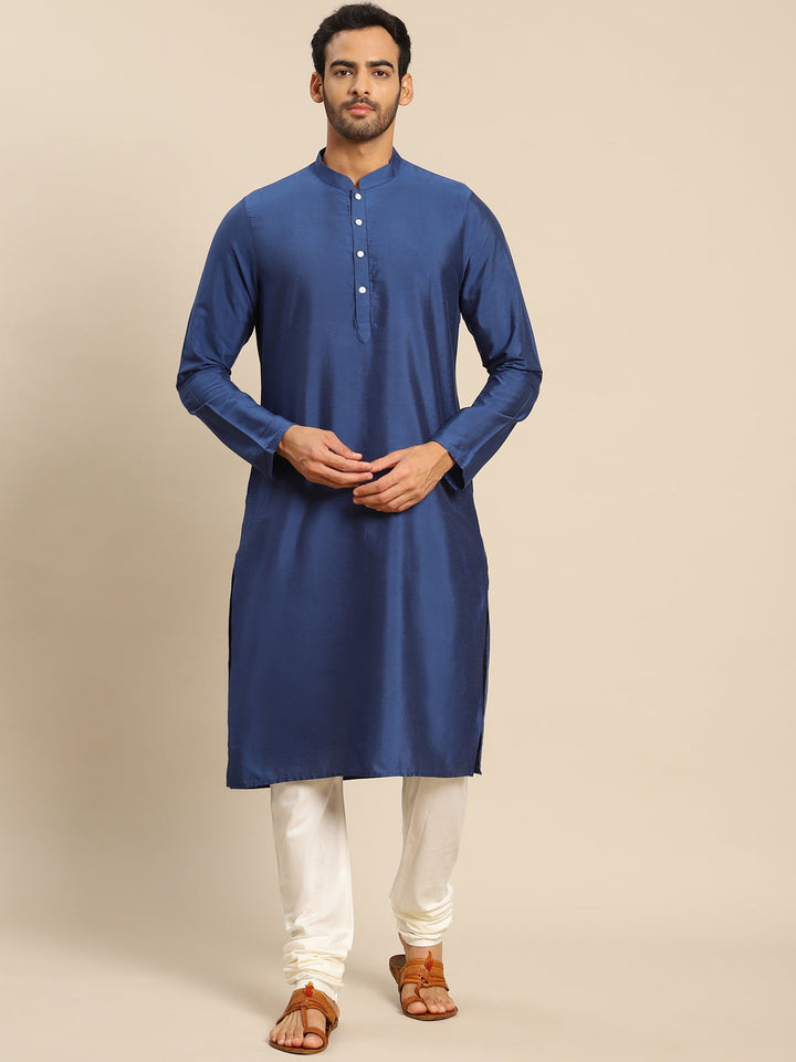 Navy Blue Silk Blend Solid Long Kurta  | SHOBITAM