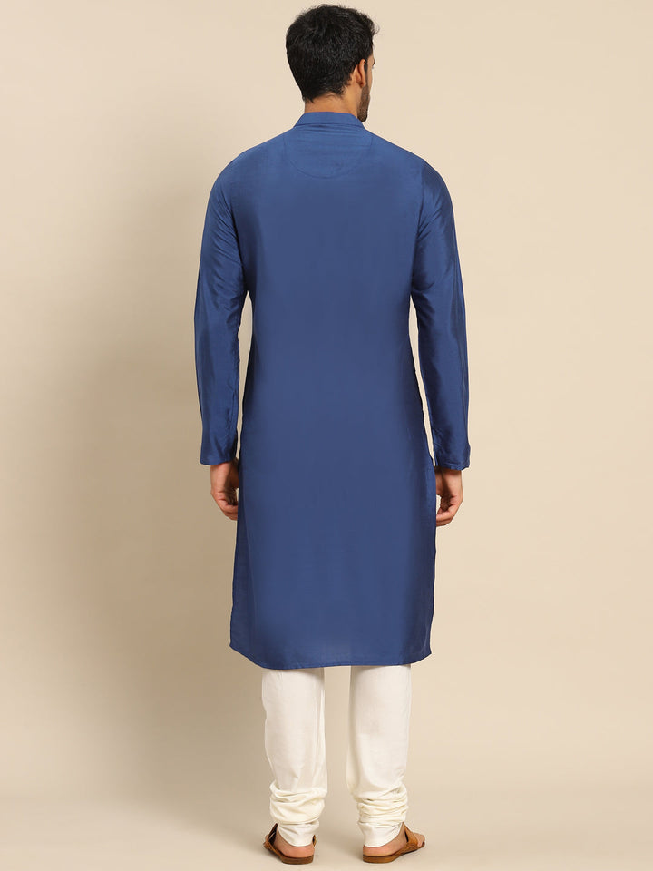 Navy Blue Silk Blend Solid Long Kurta  | SHOBITAM