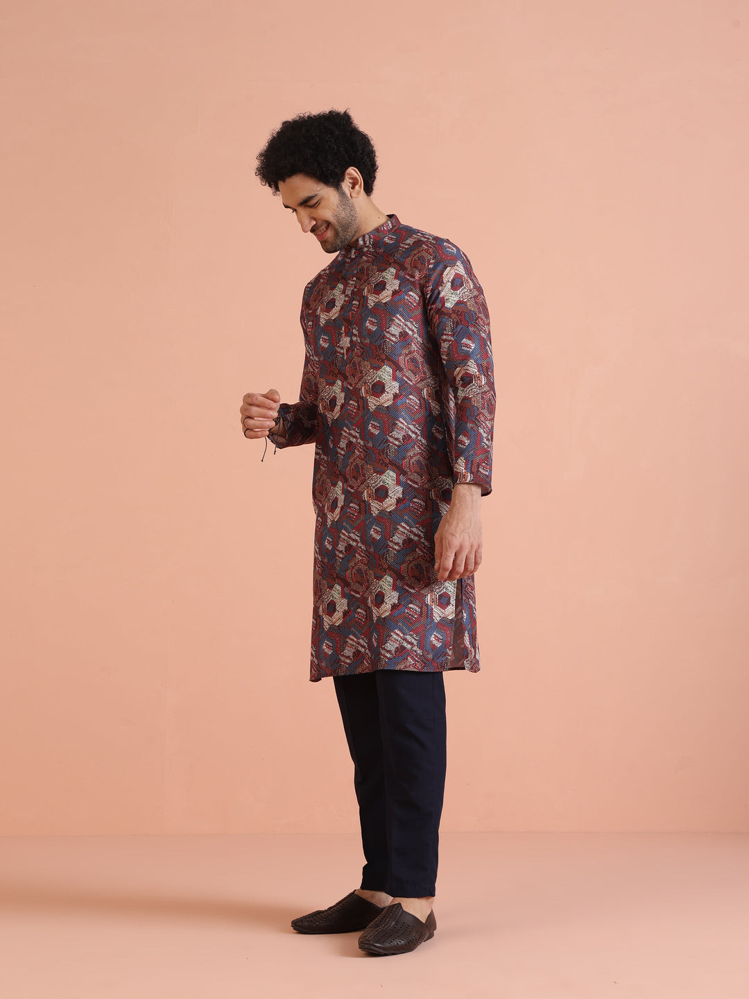 Multicolor Printed Cotton Kurta Set with Geometric Motifs and Navy Blue Trousers â€“ Festive & Wedding Ensemble | SHOBITAM