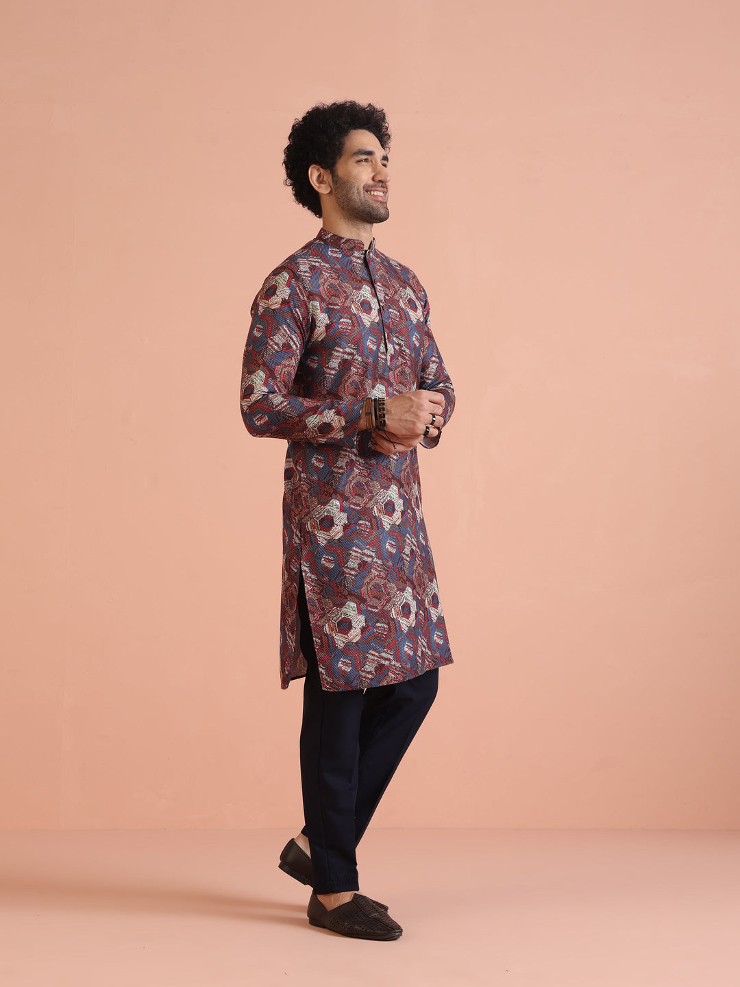 Multicolor Printed Cotton Kurta Set with Geometric Motifs and Navy Blue Trousers â€“ Festive & Wedding Ensemble | SHOBITAM