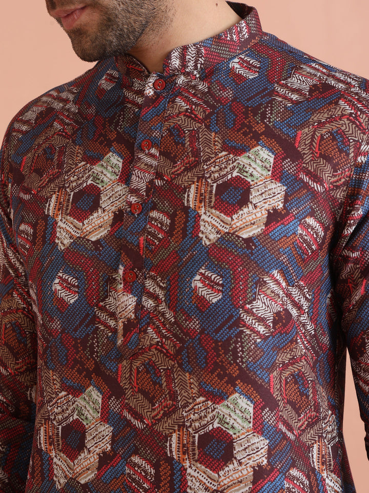 Multicolor Printed Cotton Kurta Set with Geometric Motifs and Navy Blue Trousers â€“ Festive & Wedding Ensemble | SHOBITAM
