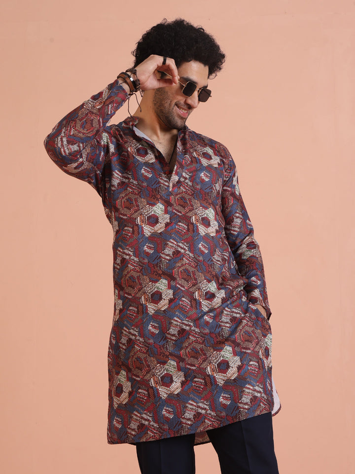 Multicolor Printed Cotton Kurta Set with Geometric Motifs and Navy Blue Trousers â€“ Festive & Wedding Ensemble | SHOBITAM