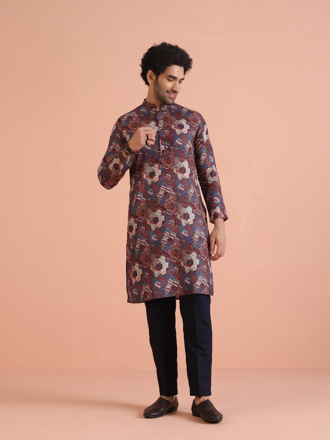 Multicolor Printed Cotton Kurta Set with Geometric Motifs and Navy Blue Trousers â€“ Festive & Wedding Ensemble | SHOBITAM