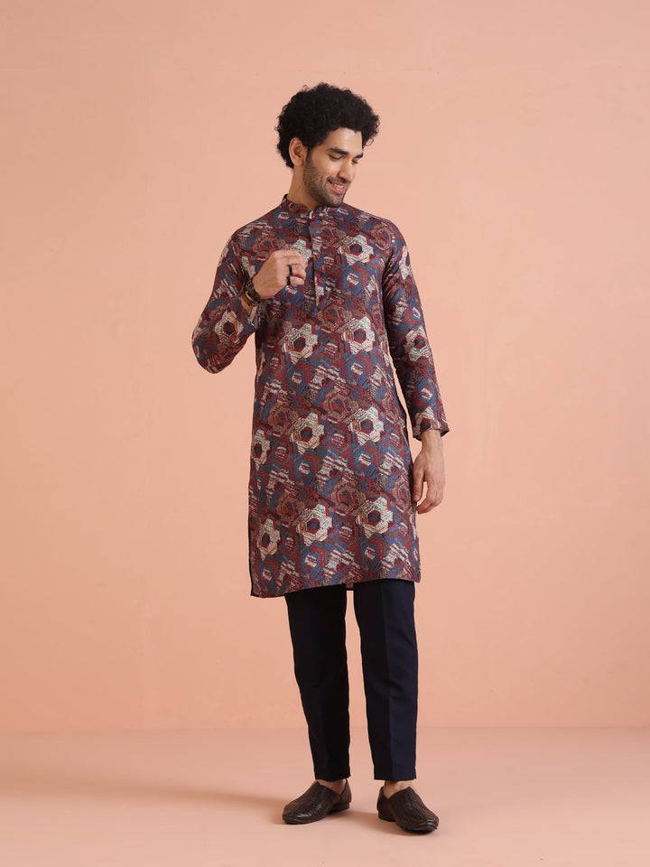 Multicolor Printed Cotton Kurta Set with Geometric Motifs and Navy Blue Trousers â€“ Festive & Wedding Ensemble | SHOBITAM