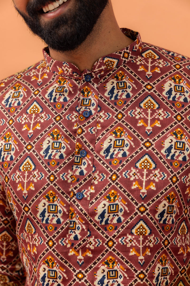 Maroon Printed Cotton Kurta Dhoti Set | SHOBITAM