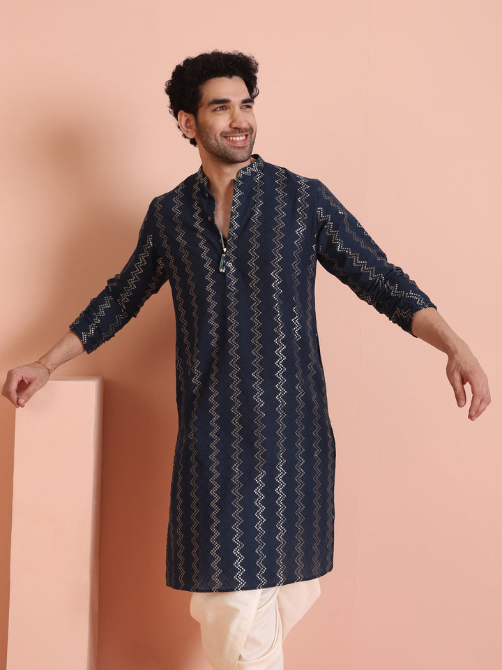 Navy Art Silk Zigzag Kurta  | SHOBITAM