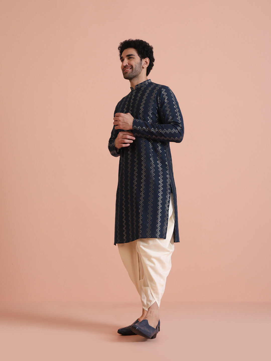 Navy Art Silk Zigzag Kurta  | SHOBITAM