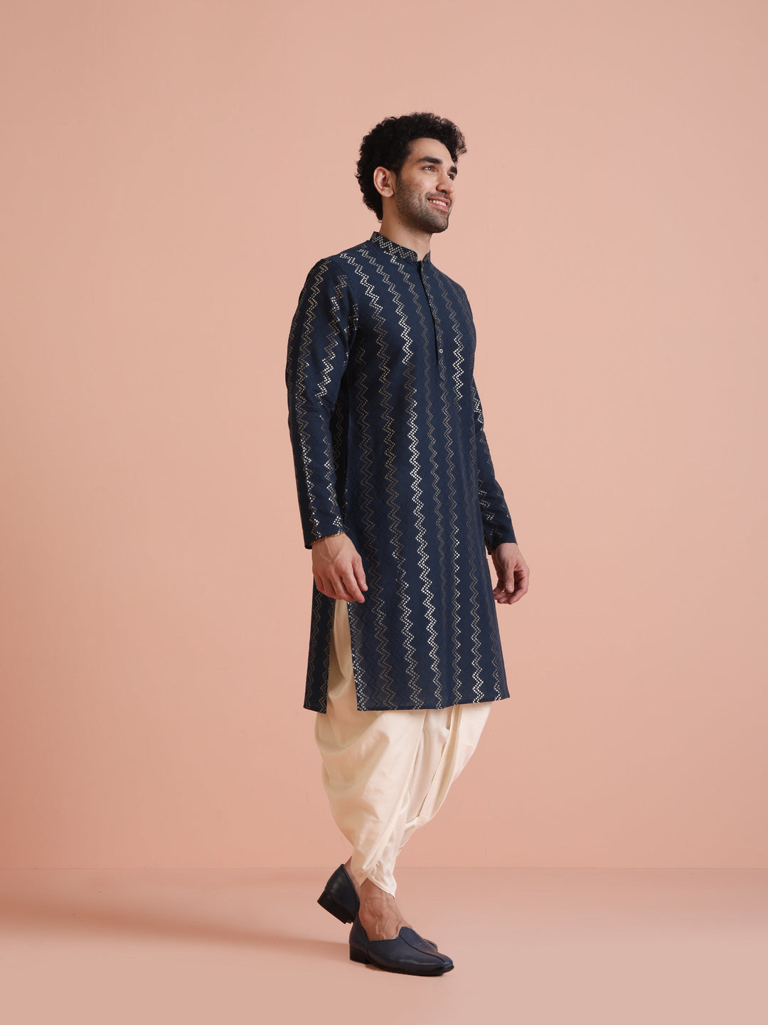 Navy Art Silk Zigzag Kurta  | SHOBITAM