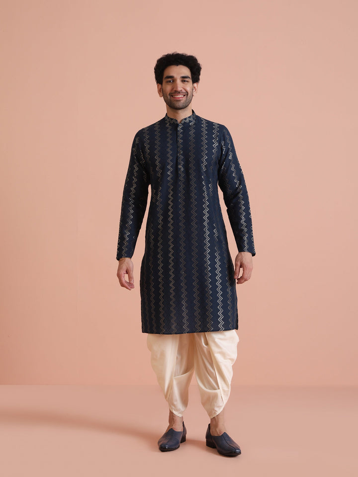 Navy Art Silk Zigzag Kurta  | SHOBITAM