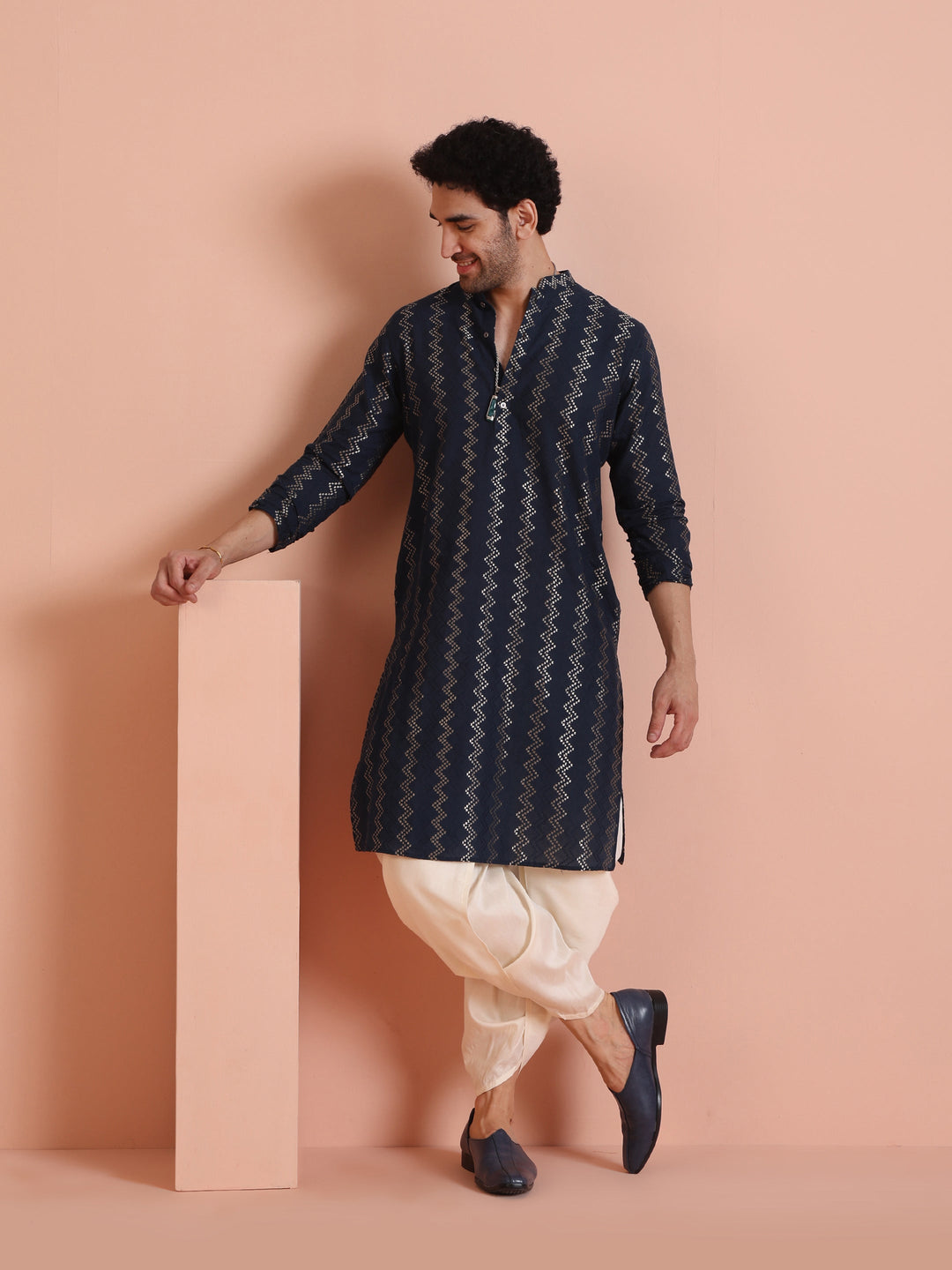 Navy Art Silk Zigzag Kurta  | SHOBITAM