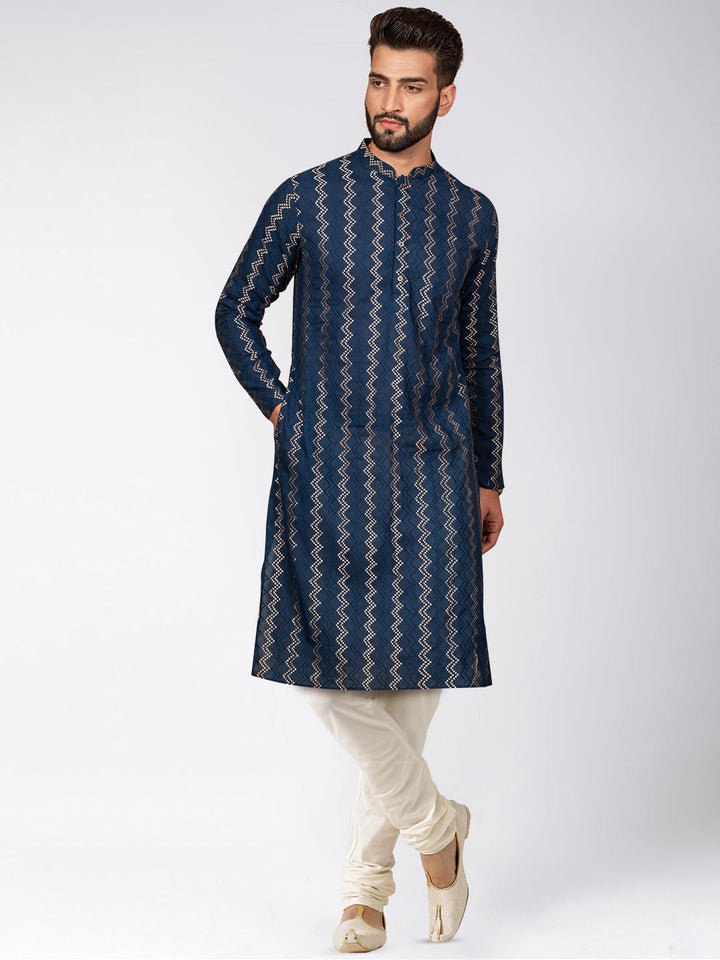 Navy Art Silk Zigzag Kurta Cream Churidar Set | SHOBITAM