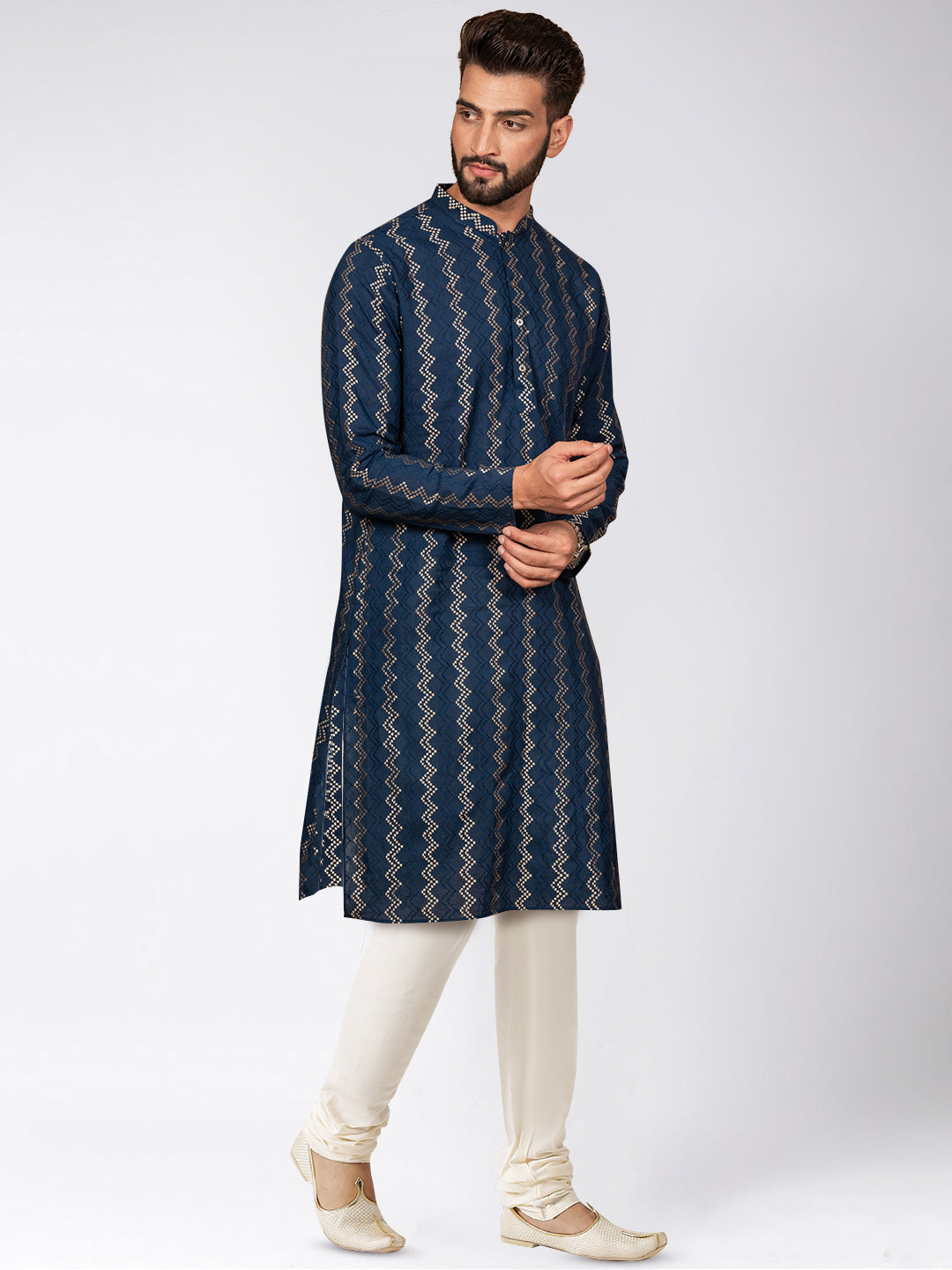 Navy Art Silk Zigzag Kurta Cream Churidar Set | SHOBITAM