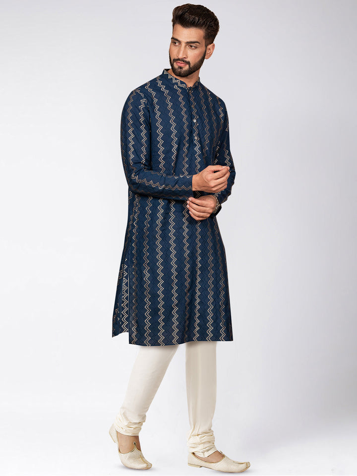 Navy Art Silk Zigzag Kurta Cream Churidar Set | SHOBITAM