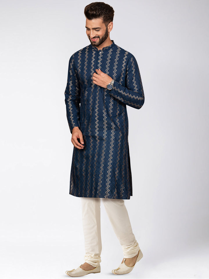 Navy Art Silk Zigzag Kurta Cream Churidar Set | SHOBITAM