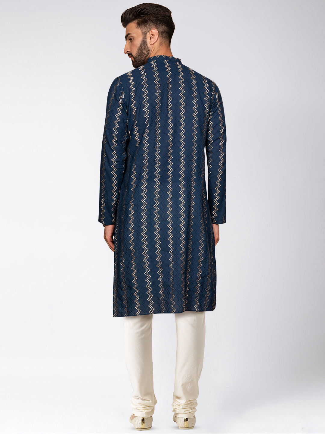 Navy Art Silk Zigzag Kurta Cream Churidar Set | SHOBITAM